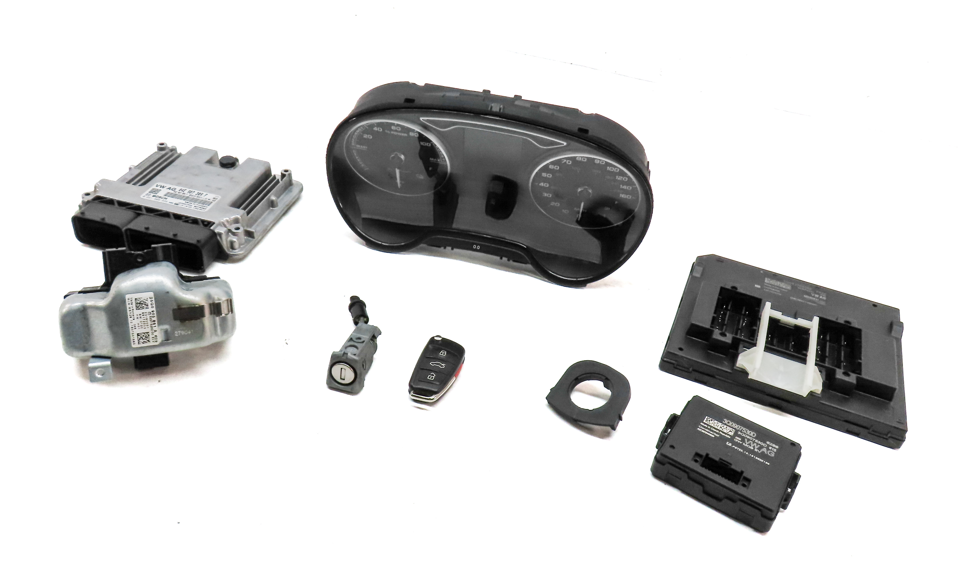 16-18 AUDI A3 E-TRON HYBRID (8V) SPEEDOMETER ECM BCM BODY ENGINE MODULE KEY SET — exact item pictured